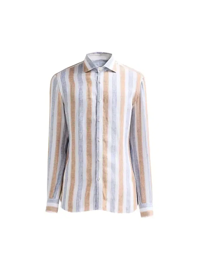 Men's Striped Linen Button-Front Shirt - White Brown