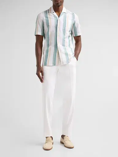 Isaia Men's Striped Cotton-Linen Camp Shirt - White Green - Size 17.5 | Thumbnail 2 Isaia Men's Striped Cotton-Linen Camp Shirt - White Green - Size 17.5 | Thumbnail 2