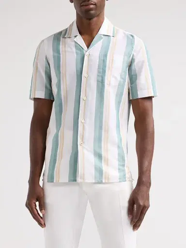 Isaia Men's Striped Cotton-Linen Camp Shirt - White Green - Size 17.5 | Thumbnail 4 Isaia Men's Striped Cotton-Linen Camp Shirt - White Green - Size 17.5 | Thumbnail 4