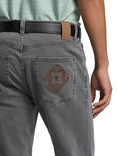 Stefano Ricci Men's Embroidered-Trim Cotton Jeans - Black Light Wash - Size 40 | Thumbnail 6