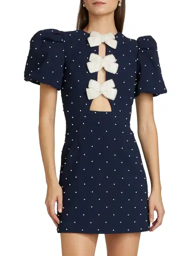 Rebecca Vallance Women's Veronica Pearl Bow Puff-Sleeve Minidress - Blue | Thumbnail 3 Rebecca Vallance Women's Veronica Pearl Bow Puff-Sleeve Minidress - Blue | Thumbnail 3