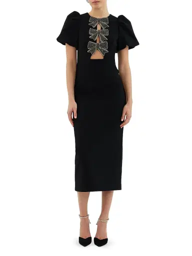 Rebecca Vallance Women's Eliana Crystal-Embellished Velvet Puff-Sleeve Midi-Dress - Black | Thumbnail 2 Rebecca Vallance Women's Eliana Crystal-Embellished Velvet Puff-Sleeve Midi-Dress - Black | Thumbnail 2