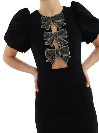 Rebecca Vallance Women's Eliana Crystal-Embellished Velvet Puff-Sleeve Midi-Dress - Black | Thumbnail 5 Rebecca Vallance Women's Eliana Crystal-Embellished Velvet Puff-Sleeve Midi-Dress - Black | Thumbnail 5