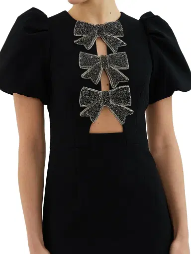 Rebecca Vallance Women's Eliana Crystal-Embellished Velvet Puff-Sleeve Midi-Dress - Black | Thumbnail 6 Rebecca Vallance Women's Eliana Crystal-Embellished Velvet Puff-Sleeve Midi-Dress - Black | Thumbnail 6