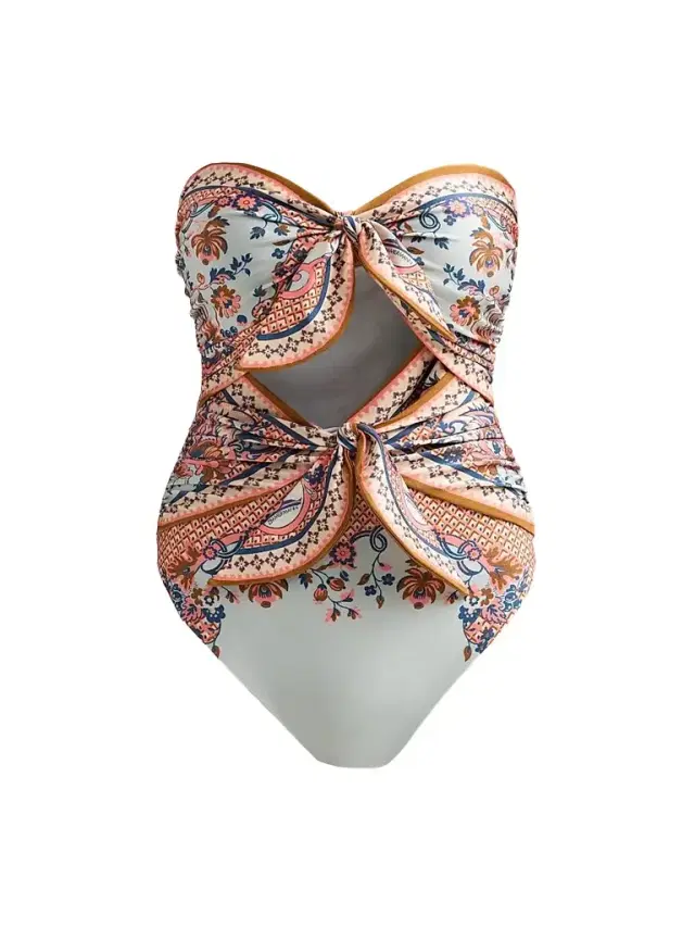 Women's Aster Floral Paisley Scarf Tie One-Piece Swimsuit - Blue Paisley Floral