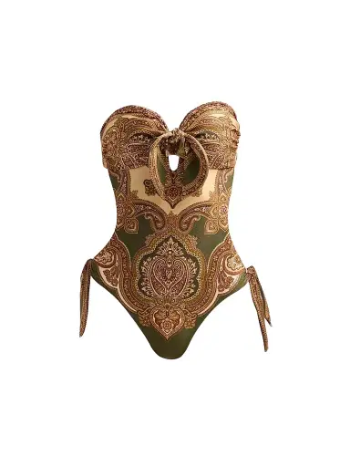 Zimmermann Women's Mahon Paisley Scarf Tie Backless One-Piece Swimsuit - Olive Paisley - Size 8 | Thumbnail 1