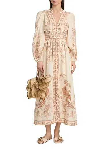 Zimmermann Women's Indra Plunge Linen Midi Dress - Cream Tan Floral - Size 10 | Thumbnail 3 Zimmermann Women's Indra Plunge Linen Midi Dress - Cream Tan Floral - Size 10 | Thumbnail 3