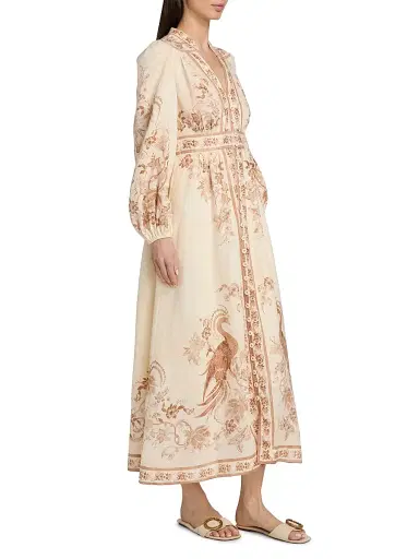 Zimmermann Women's Indra Plunge Linen Midi Dress - Cream Tan Floral - Size 10 | Thumbnail 4 Zimmermann Women's Indra Plunge Linen Midi Dress - Cream Tan Floral - Size 10 | Thumbnail 4
