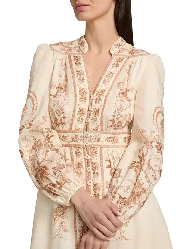 Zimmermann Women's Indra Plunge Linen Midi Dress - Cream Tan Floral - Size 10 | Thumbnail 6 Zimmermann Women's Indra Plunge Linen Midi Dress - Cream Tan Floral - Size 10 | Thumbnail 6