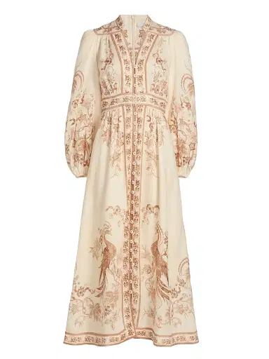 Zimmermann Women's Indra Plunge Linen Midi Dress - Cream Tan Floral - Size 10 | Thumbnail 1 Zimmermann Women's Indra Plunge Linen Midi Dress - Cream Tan Floral - Size 10 | Thumbnail 1