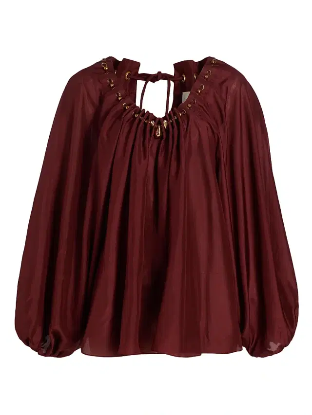 Zimmermann Women's Aster Bead-Detail Gathered Silk Blouse - Merlot