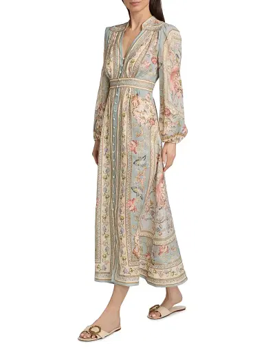 Zimmermann Women's Roselight Plunge Linen Midi-Dress - Blue Tapestry Floral - Size 10 | Thumbnail 2 Zimmermann Women's Roselight Plunge Linen Midi-Dress - Blue Tapestry Floral - Size 10 | Thumbnail 2