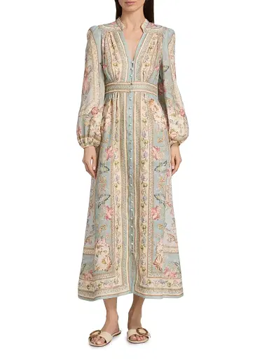 Zimmermann Women's Roselight Plunge Linen Midi-Dress - Blue Tapestry Floral - Size 10 | Thumbnail 3 Zimmermann Women's Roselight Plunge Linen Midi-Dress - Blue Tapestry Floral - Size 10 | Thumbnail 3
