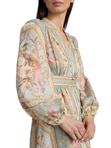 Zimmermann Women's Roselight Plunge Linen Midi-Dress - Blue Tapestry Floral - Size 10 | Thumbnail 6 Zimmermann Women's Roselight Plunge Linen Midi-Dress - Blue Tapestry Floral - Size 10 | Thumbnail 6