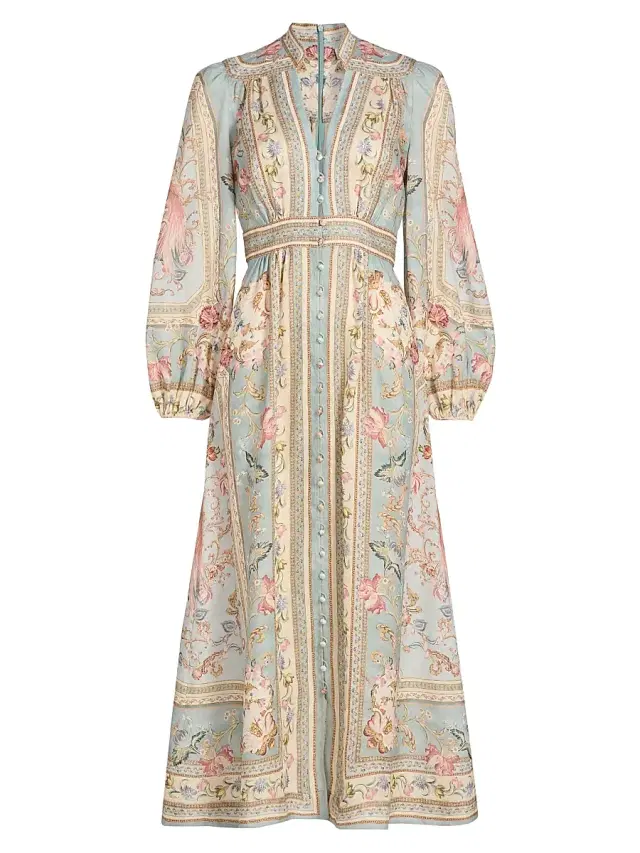 Women's Roselight Plunge Linen Midi-Dress - Blue Tapestry Floral