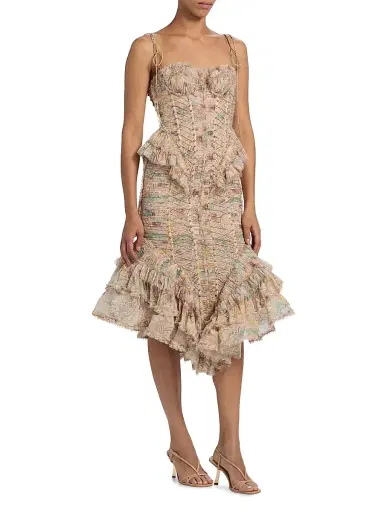 Zimmermann Women's Rebellion Printed Ruffled Corset Midi-Dress - Pink Floral | Thumbnail 4 Zimmermann Women's Rebellion Printed Ruffled Corset Midi-Dress - Pink Floral | Thumbnail 4
