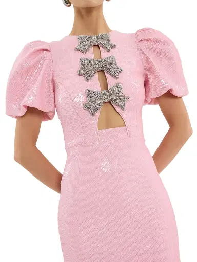 Rebecca Vallance Women's Lydia Bow-Accented Sequined Midi-Dress - Light Pink - Size 8 | Thumbnail 4