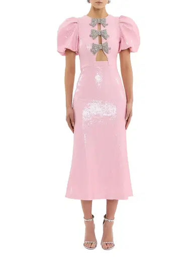 Rebecca Vallance Women's Lydia Bow-Accented Sequined Midi-Dress - Light Pink - Size 8 | Thumbnail 1