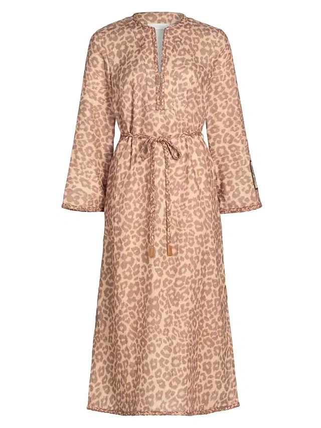 Zimmermann Women's Awaken Leopard-Print Linen Midi-Dress - Tan Leopard