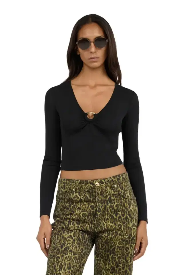 Roberto Cavalli Black Lurex Crop Top With Ring Detail