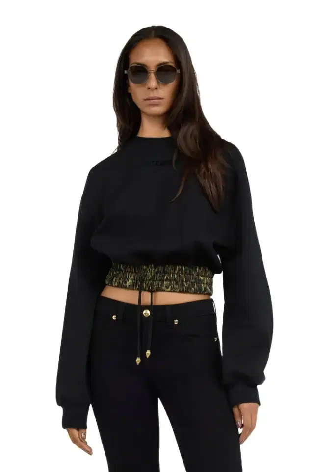 Roberto Cavalli Black Cropped Sweatshirt With Animalier Print Band