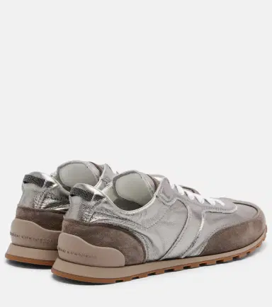 Brunello Cucinelli Monili suede-trimmed metallic leather sneakers | Thumbnail 2 Brunello Cucinelli Monili suede-trimmed metallic leather sneakers | Thumbnail 2