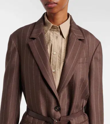 Brunello Cucinelli Belted pinstriped virgin wool blazer | Thumbnail 3 Brunello Cucinelli Belted pinstriped virgin wool blazer | Thumbnail 3