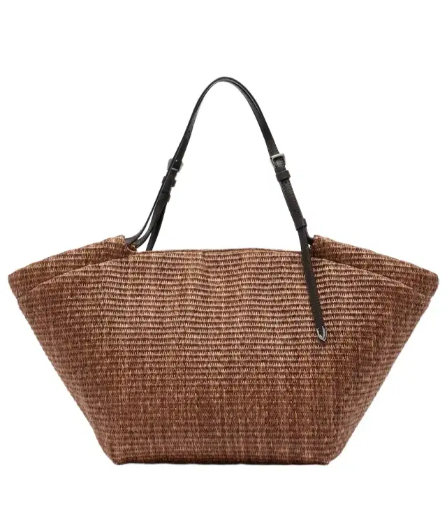 Large leather-trimmed raffia-effect tote bag