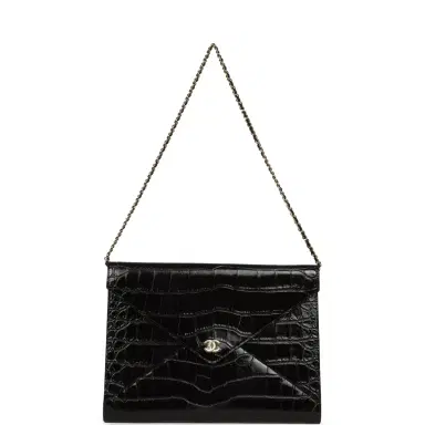 Chanel Chanel Envelope Clutch with Chain Black Croc Embossed Calfskin Gold Hardware | Thumbnail 7