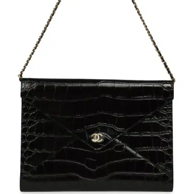 Chanel Chanel Envelope Clutch with Chain Black Croc Embossed Calfskin Gold Hardware | Thumbnail 1