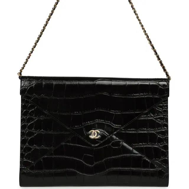Chanel Chanel Envelope Clutch with Chain Black Croc Embossed Calfskin Gold Hardware