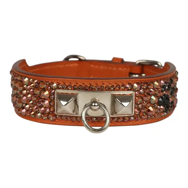HERMÈS Custom Multicolored Swarovski Crystal Pre-owned Hermes Etriviere Collier de Chien Dog Collar Small Orange Evercolor Palladium Hardware