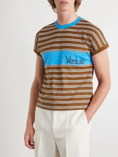 Versace Logo-Embroidered Striped Cotton-Jersey T-Shirt - Men | Thumbnail 3