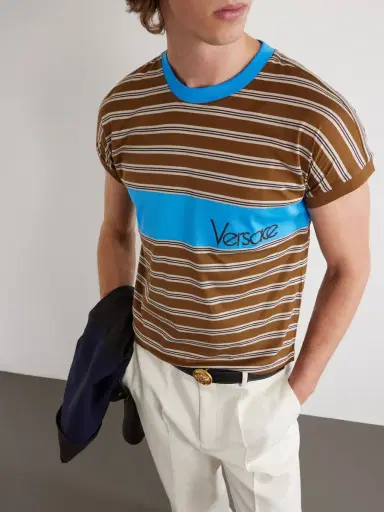 Versace Logo-Embroidered Striped Cotton-Jersey T-Shirt - Men | Thumbnail 5
