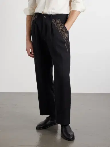 Kartik Research Straight-Leg Zardozi Embroidered Pleated Linen Trousers - Men | Thumbnail 3