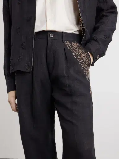 Kartik Research Straight-Leg Zardozi Embroidered Pleated Linen Trousers - Men | Thumbnail 5