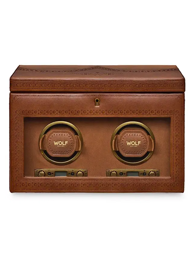 Wolf Designs Brogue Double Watch Winder Storage Box - Burnished Brown