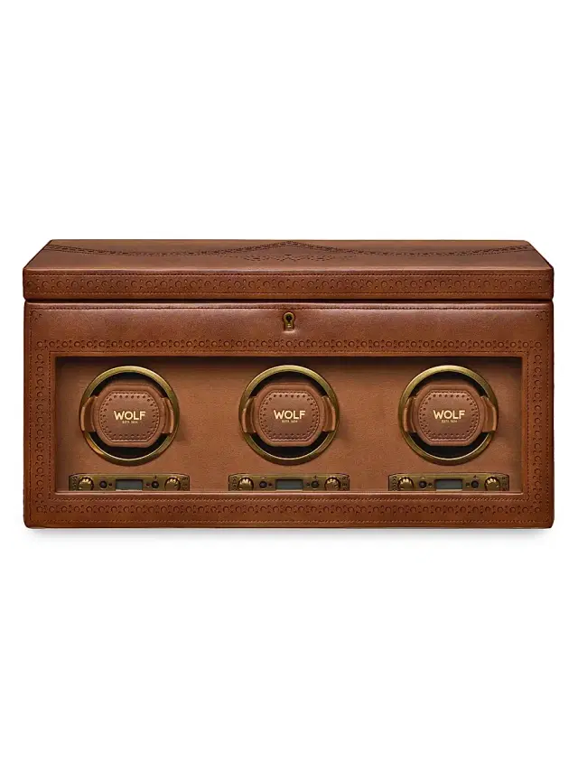 Wolf Designs Brogue Triple Watch Winder Storage Box - Burnished Brown
