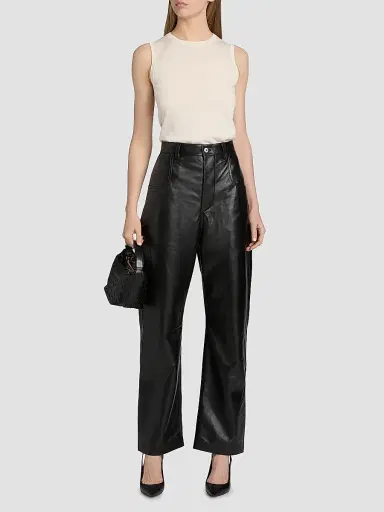 Bottega Veneta Women's Leather Relaxed-Fit Trousers - Double Black - Size 6 | Thumbnail 2
