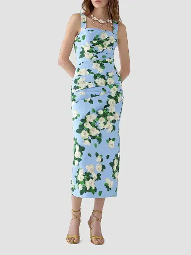 Carolina Herrera Women's Cabana Floral Draped Thick-Strap Cotton-Blend Midi-Dress - Cloudy Blue Multi - Size 12 | Thumbnail 2 Carolina Herrera Women's Cabana Floral Draped Thick-Strap Cotton-Blend Midi-Dress - Cloudy Blue Multi - Size 12 | Thumbnail 2