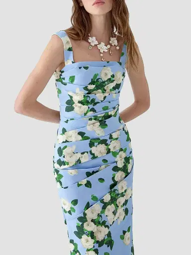 Carolina Herrera Women's Cabana Floral Draped Thick-Strap Cotton-Blend Midi-Dress - Cloudy Blue Multi - Size 12 | Thumbnail 4 Carolina Herrera Women's Cabana Floral Draped Thick-Strap Cotton-Blend Midi-Dress - Cloudy Blue Multi - Size 12 | Thumbnail 4