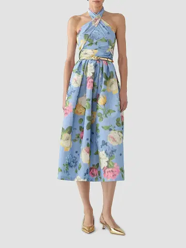 Carolina Herrera Women's Cabana Floral Crossed Halterneck Midi-Dress - Cloudy Blue Multi - Size 12 | Thumbnail 2