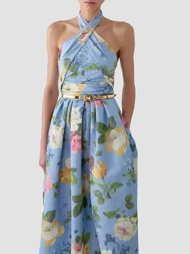 Carolina Herrera Women's Cabana Floral Crossed Halterneck Midi-Dress - Cloudy Blue Multi - Size 12 | Thumbnail 4