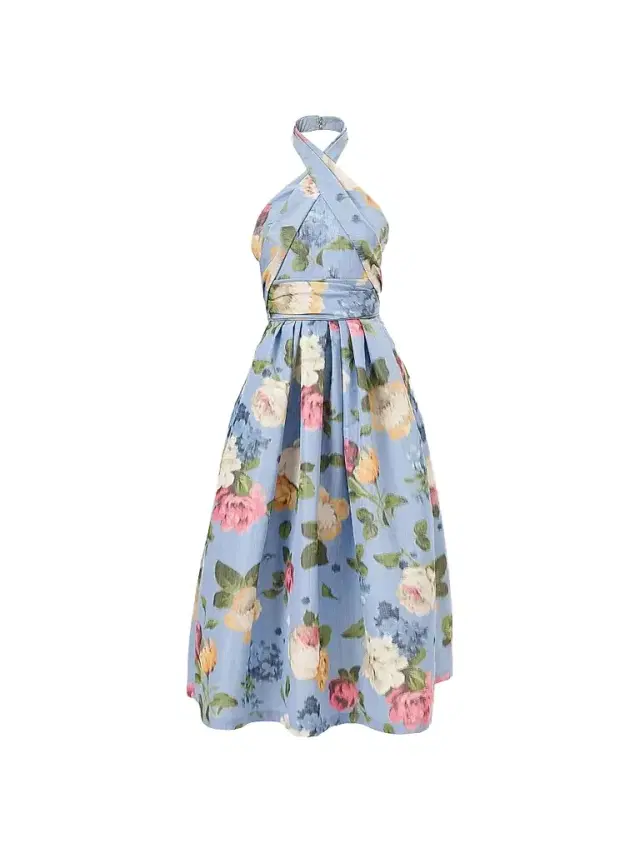 Carolina Herrera Women's Cabana Floral Crossed Halterneck Midi-Dress - Cloudy Blue Multi