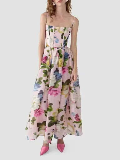 Carolina Herrera Women's Cabana Floral Corset Linen-Silk Thin-Strap Midi-Dress - Rosewater Multi - Size 10 | Thumbnail 2 Carolina Herrera Women's Cabana Floral Corset Linen-Silk Thin-Strap Midi-Dress - Rosewater Multi - Size 10 | Thumbnail 2