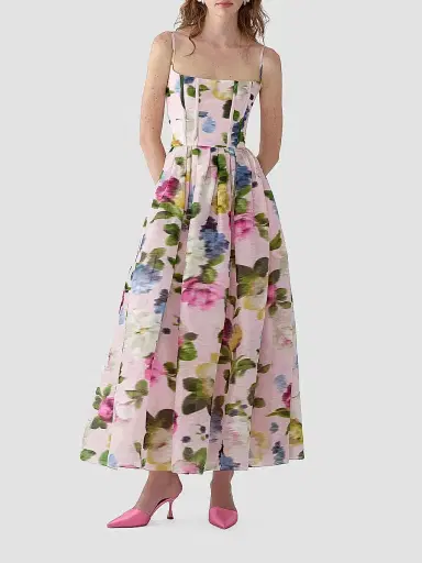 Carolina Herrera Women's Cabana Floral Corset Linen-Silk Thin-Strap Midi-Dress - Rosewater Multi - Size 10 | Thumbnail 3 Carolina Herrera Women's Cabana Floral Corset Linen-Silk Thin-Strap Midi-Dress - Rosewater Multi - Size 10 | Thumbnail 3