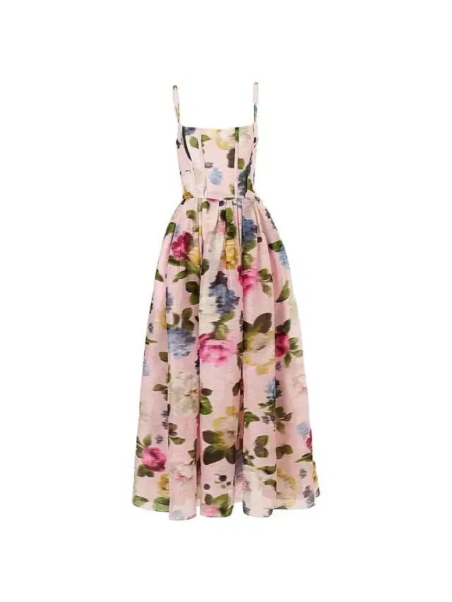 Carolina Herrera Women's Cabana Floral Corset Linen-Silk Thin-Strap Midi-Dress - Rosewater Multi