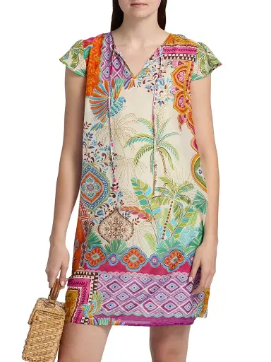 Johnny Was Women's Daisy Patchwork-Print Cotton-Silk Minidress - Avelar | Thumbnail 3