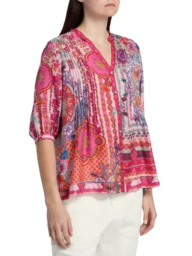 Johnny Was Women's Vacanza Floral Silk Blouse - Tami Scarf - Size XL | Thumbnail 4