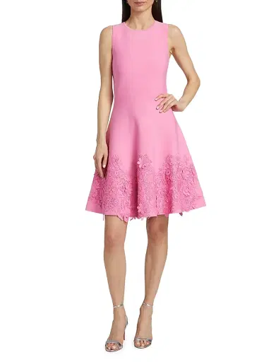Teri Jon by Rickie Freeman Women's Lace Trim Fit-&-Flare Cocktail Dress - Carnation Pink - Size Large | Thumbnail 3